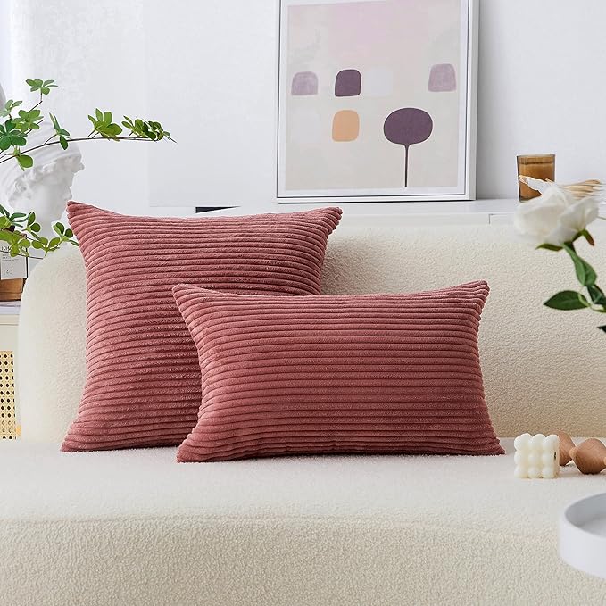 Home Brilliant Throw Pillow Covers Striped Corduroy Velvet Cushion Cover for Baby Supersoft Handmade Decorative Pillowcase, 50cm, 20 x 20 Inch, Dry Rose Pink