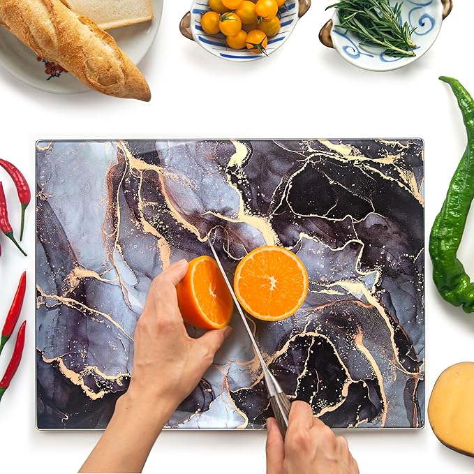 Glass Cutting Board 16"x12": Tempered Glass Kitchen Counter Protector - Durable- Scratch-Resistant, Heat-Proof - Design 8 - Grey & Gold