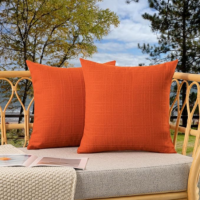Kevin Textile Fall Outdoor Waterproof Throw Pillow Covers Decorative Farmhouse Water Resistant Checkered Cushion Covers for Tent Patio Garden Couch Sofa Pack of 2 (20x20 Inch Orange)