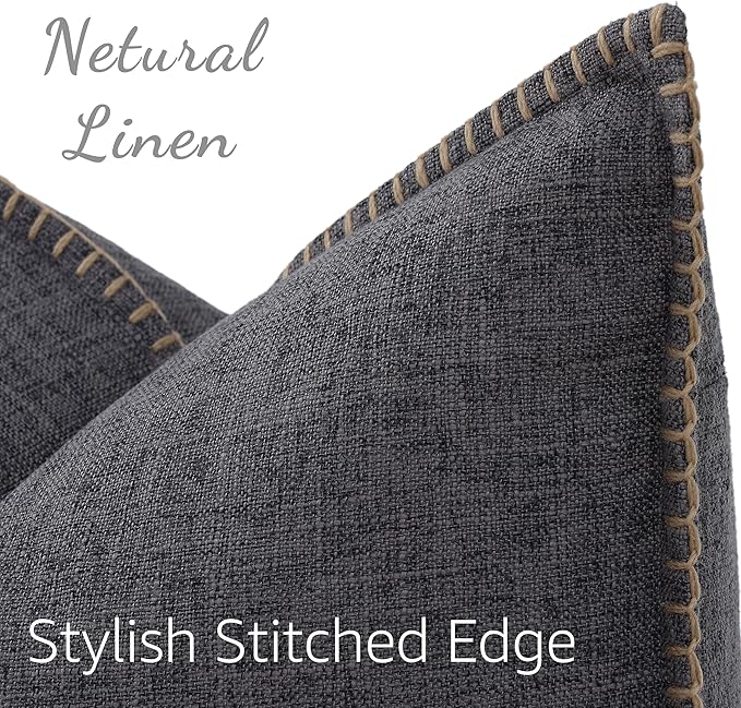 decorUhome Decorative Outdoor Throw Pillow Covers 18x18 Set of 2, Square Linen Farmhouse Euro Pillow Covers with Stitched Edge, Rustic Neutral Pillow Covers for Couch, Sofa, Living Room, Dark Grey