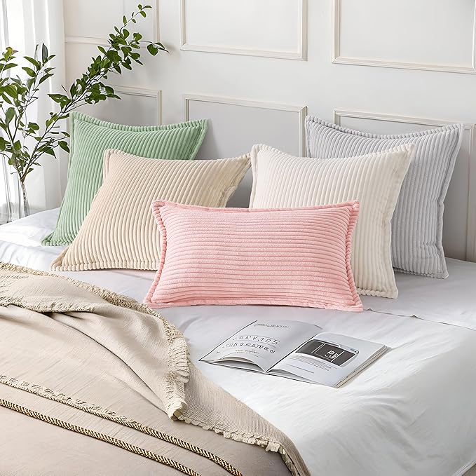 Mecatny Corduroy Throw Pillow Covers 18x18 Set of 2, Neutral Decorative Soft Boho Couch Pillow Covers with Broadside for Sofa Living Room, Grey