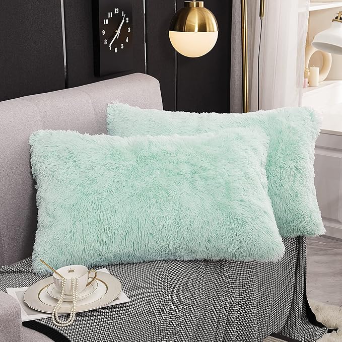 WERDIM Shaggy Fluffy Faux Fur Pillowcases 2 Pack Button Closure Velvet Pillow Shams King Size (Aqua, 20 X 36 Inches)