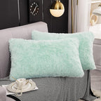 WERDIM Shaggy Fluffy Faux Fur Pillowcases 2 Pack Button Closure Velvet Pillow Shams King Size (Aqua, 20 X 36 Inches)
