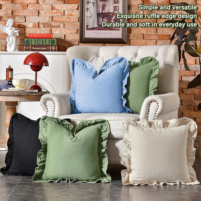AmHoo Pack of 2 Throw Pillow Covers 100% Cotton Pre Washed Ruffle Decorative Pillowcase Cushion for Couch Sofa Bedroom 22 x 22-Inch Beige