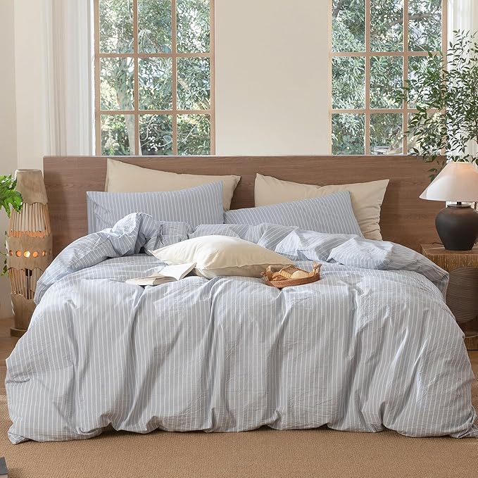 MooMee Striped Duvet Cover Set 100% Washed Cotton Linen Like Textured Breathable Durable Soft Comfy (Cornflower Blue White Wide Stripes, Cal King 104"x98")