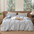 MooMee Striped Duvet Cover Set 100% Washed Cotton Linen Like Textured Breathable Durable Soft Comfy (Cornflower Blue White Wide Stripes, Super King Plus 120"x120")