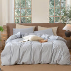MooMee Striped Duvet Cover Set 100% Washed Cotton Linen Like Textured Breathable Durable Soft Comfy (Cornflower Blue White Wide Stripes, Super King Plus 120"x120")
