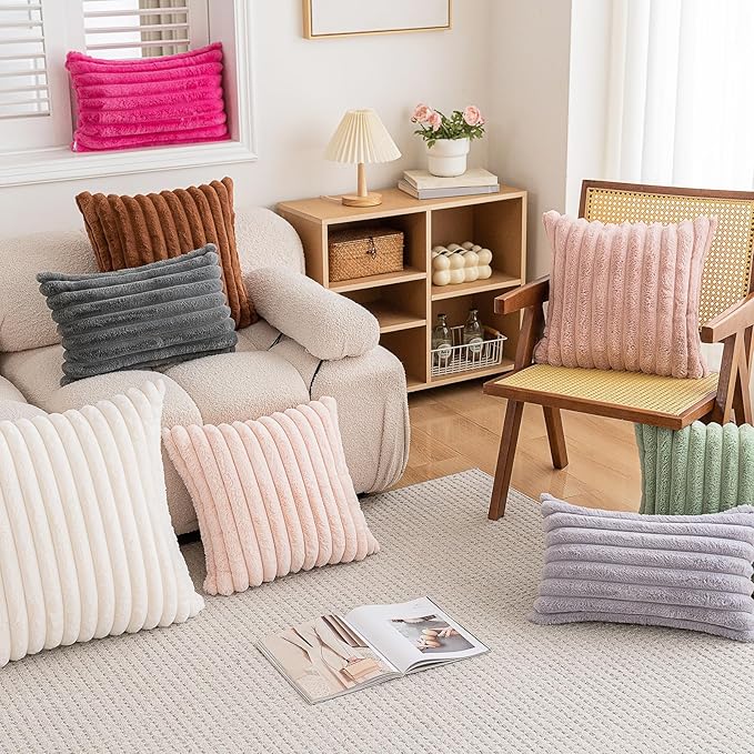 Double-Sided Faux Fur Plush Throw Pillow Covers 22x22 Set of 2 Fuzzy Striped Soft Cozy Pillowcase Luxury Decorative Pillows Square Fluffy Cushion Covers for Couch Sofa Bed,Pink