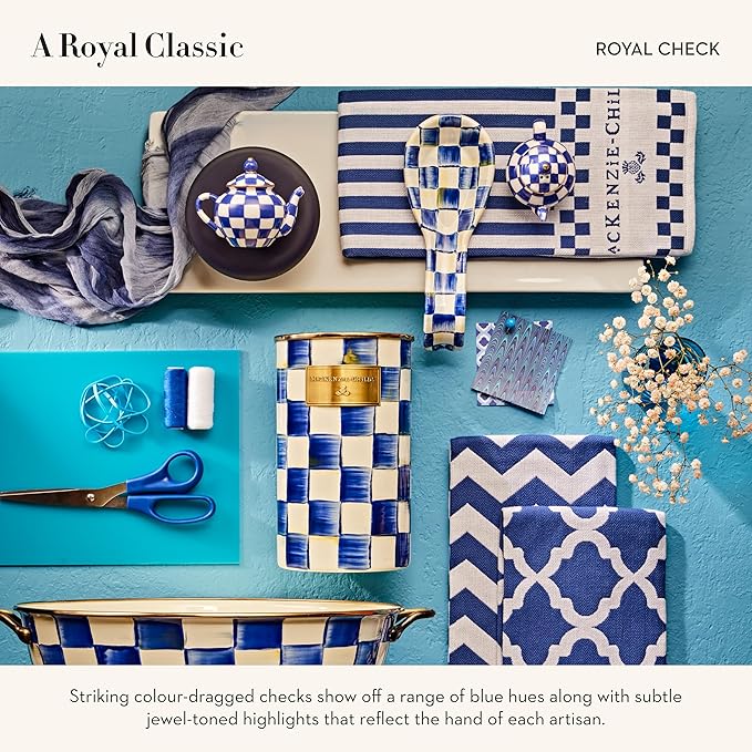 MACKENZIE-CHILDS Enamel Spoon Rest, Kitchen Spoon Holder and Utensil Rest for Stovetop, Blue-and-White Royal Check