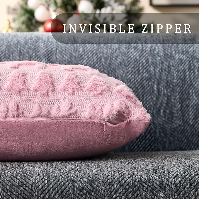 DFXSZ Christmas Pillow Covers 18x18 inch Set of 2 Pink Christmas Tree Elk Decoration Soft Plush Faux Fur Jacquard Throw Pillows for Bedroom Sofa Holiday Festivals Winter Home Decor PTK069D18