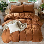 MooMee Bedding Duvet Cover Set 100% Washed Cotton Linen Like Textured Breathable Durable Soft Comfy (Solid Dark Orange, Oversized Queen 98"x98")