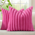 decorUhome Faux Fur Throw Pillow Covers 24x24 Set of 2, Decorative Soft Plush Striped Neutral Couch Euro Pillow Covers with Velvet Back for Sofa, Bed, Living Room Home Decor, Hot Pink