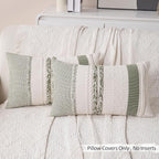 Boho Lumbar Pillow Covers Set of 2-12x20 Inch Sage Green Striped Decorative Farmhouse Coastal Accent Long Boho Throw Pillows for Couch, Neutral Textured Pillowcases for Bed, Sofa Home Decor