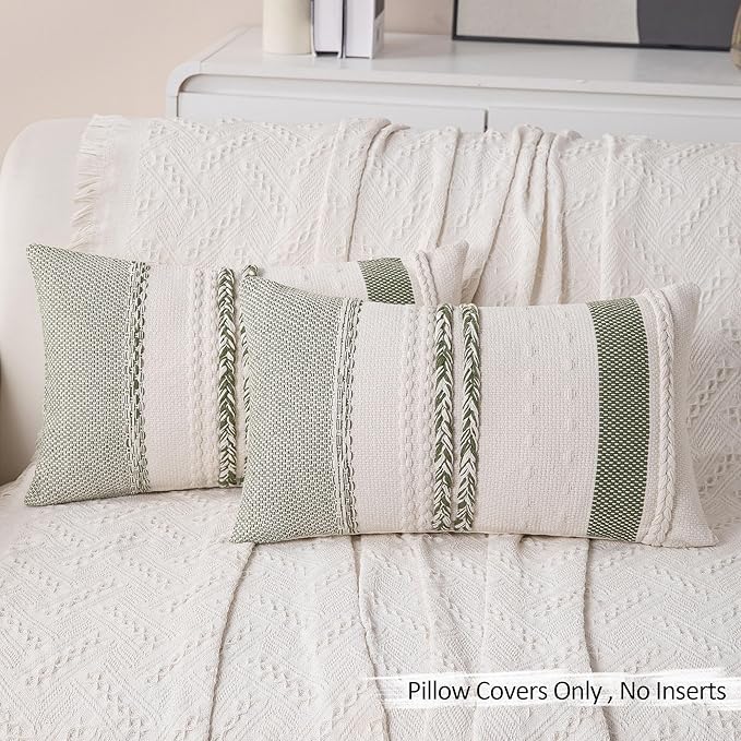 Boho Lumbar Pillow Covers Set of 2-12x20 Inch Sage Green Striped Decorative Farmhouse Coastal Accent Long Boho Throw Pillows for Couch, Neutral Textured Pillowcases for Bed, Sofa Home Decor