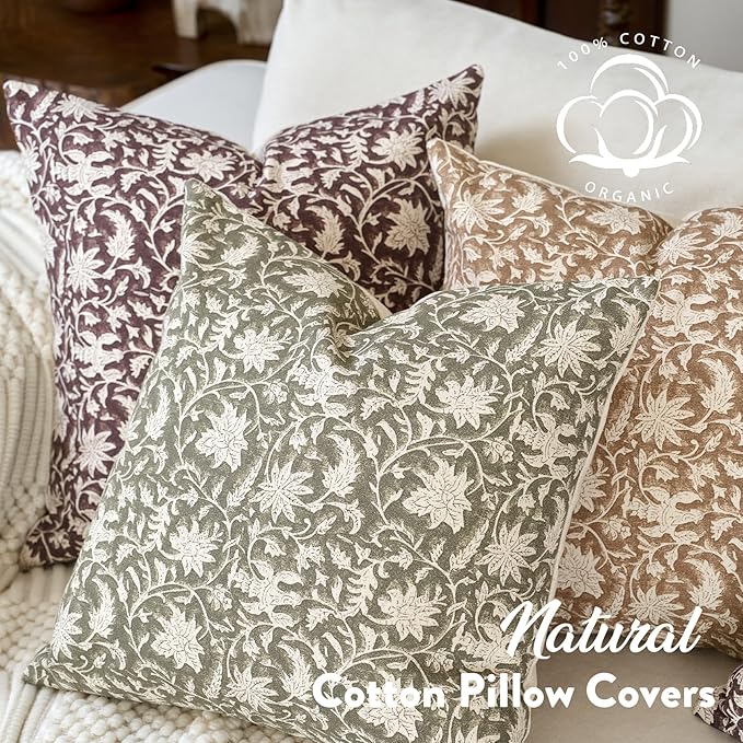 Floral Throw Pillow Covers 24x24 Farmhouse Block Print Pillow Covers Decorative Pillow Covers Couch Pillows for Living Room Vintage Accent Sofa Pillows Set of 2, Olive Green