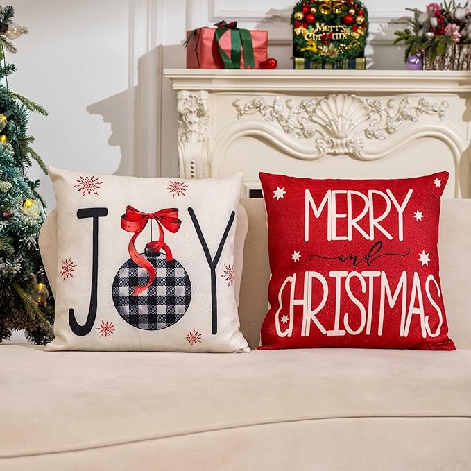 Red Christmas Decorations-Throw Pillow Covers 18x18 in Set of 4,Decorative Joy Snowflake Pillow Case for Couch Sofa Winter Holiday Indoor Outdoor Home Red White Xams Decorations