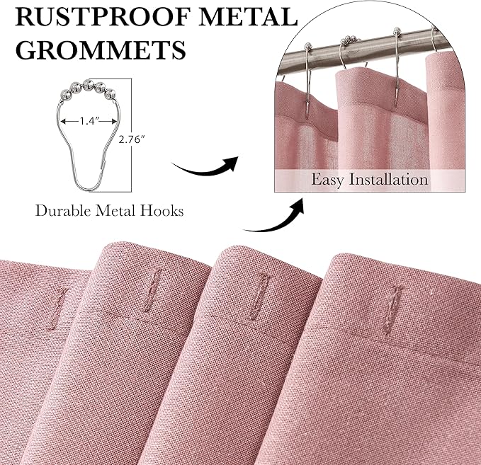 KGORGE Linen Fabric Shower Curtains-Semi Sheer Button Hole Lightweight Waterproof Privacy Light Filtering Shower Curtains for Bathroom Bathtub with 12 Hooks, 72 x 72 inches Long, Dusty Pink, 1 Panel