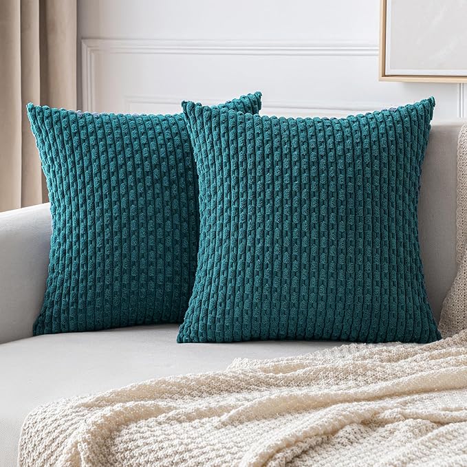 MIULEE Pack of 2 Decorative Throw Pillow Covers 20x20 Inch Soft Boho Striped Textured Corduroy Pillow Covers Modern Farmhouse Home Decor for Couch Bed Sofa Living Room Teal Blue