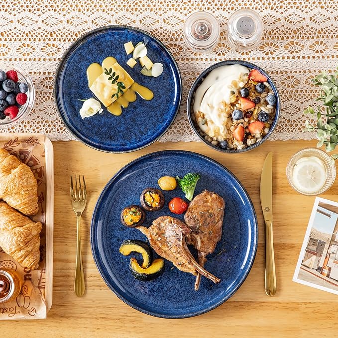 vancasso Starry 18 Pieces Dinnerware Sets for 6, Blue Reactive Glaze Dishes Sets, Ceramic Plates and Bowls Set, Dinner Salad Dessert Plates, and Cereal Bowls Set, Dishwasher and Microwave Safe