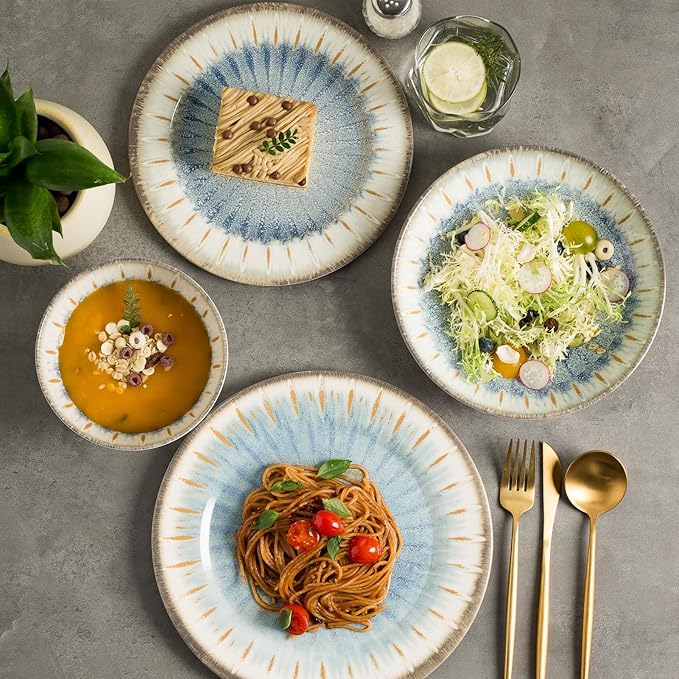 MissYip Melamine Dinnerware Set, 16 Piece for 4, Unbreakable Kitchen Plastic Plates and Bowls set, Indoor and Outdoor Use Tableware, BPA Free, Dishwasher Safe, Not Microwave, Not Oven(Blue)