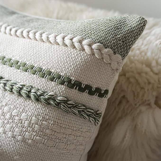 Boho Throw Pillow Covers 20x20 Inch Set of 2, Green Textured Decorative Couch Pillow Cases for Farmhouse Home Decor, Accent Cushion Cover for Sofa, Bed, Living Room, Bedroom