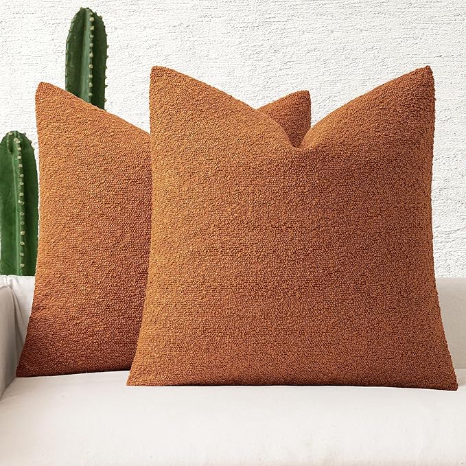 MIULEE 18x18 Inch Decorative Pillow Covers for Couch Bed Set of 2 Textured Boucle Neutral Winter Throw Pillows Orange Accent Solid Cushion Pillowcases Sofa Livingroom Home Decor