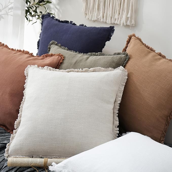 Foindtower Set of 2 Decorative Linen Fringe Throw Pillow Covers Cozy Boho Farmhouse Cushion Cover with Tassels Soft Accent Pillowcase for Couch Sofa Bed Living Room Home Decor, 16×16 Inch, Beige