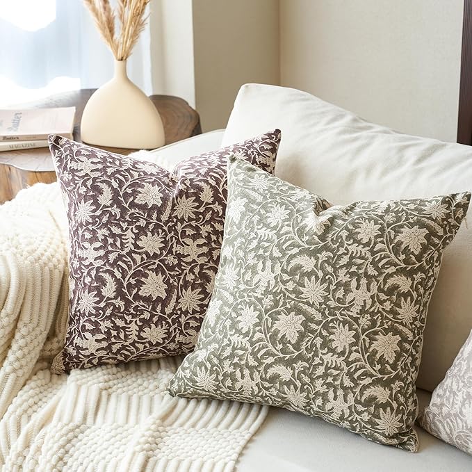 Floral Throw Pillow Covers 20x20 Farmhouse Block Print Pillow Covers Decorative Pillow Covers Couch Pillows for Living Room Vintage Accent Sofa Pillows Set of 2, Olive Green