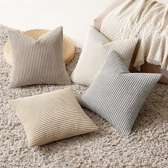 MIULEE Boho Farmhouse Throw Pillow Covers 18x18 Inch Set of 4 Neutral Tan Decorative Cushion Covers Soft Corduroy Nordic Home Decor for Couch Bed Sofa Living Room