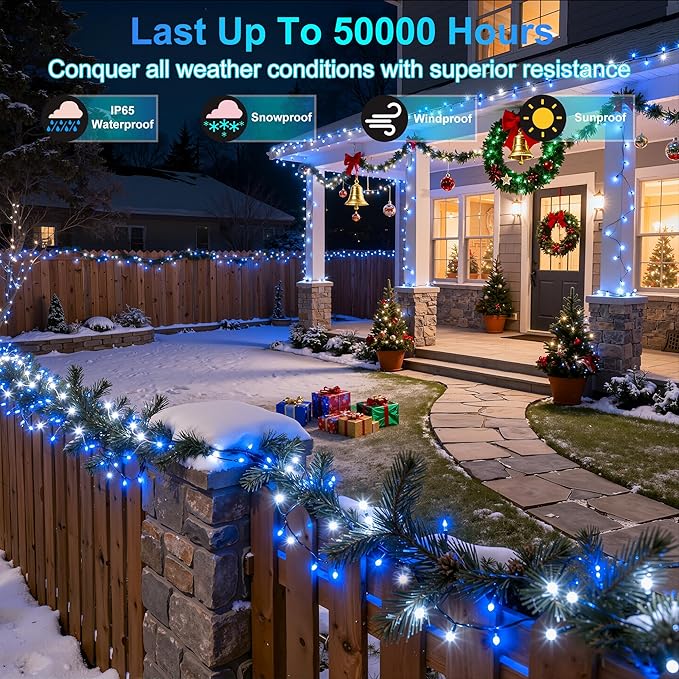 750LED Christmas Lights Outdoor Use, 240ft 12 Modes Blue and Cool White LED String Lights with Timer Dimmable, Waterproof Christmas Tree Lights for Xmas Patio Yard Fence Balcony Garden Decor