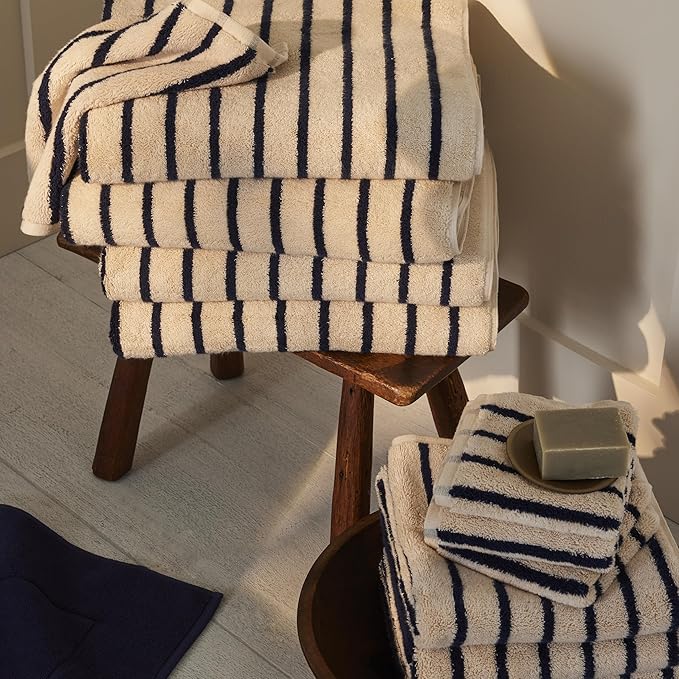 Brooklinen Super-Plush Turkish Cotton Hand Towels Set of 2 Cotton, 820 GSM, Highly Absorbent, Machine Washable, Perfect for Home & Bathroom (20"x30", Striped Navy)