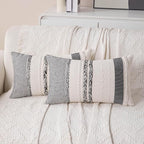 Boho Lumbar Pillow Covers Set of 2-12x20 Inch Black Accent Striped Decorative Farmhouse Coastal Long Boho Throw Pillows, Neutral Textured Pillowcases for Couch Bed, Sofa Home Decor
