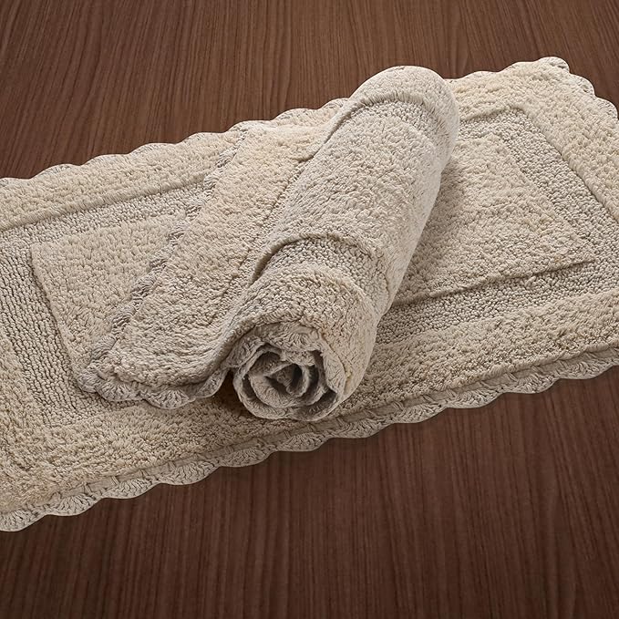 Savi Home Cotton Crochet Bathmat with Antiskid 21x34 Linen, 100% Pure Cotton, Super Soft White, Plush & Absorbent, Hand Tufted Heavy Weight Construction, Full Reversible Step Out Rugs