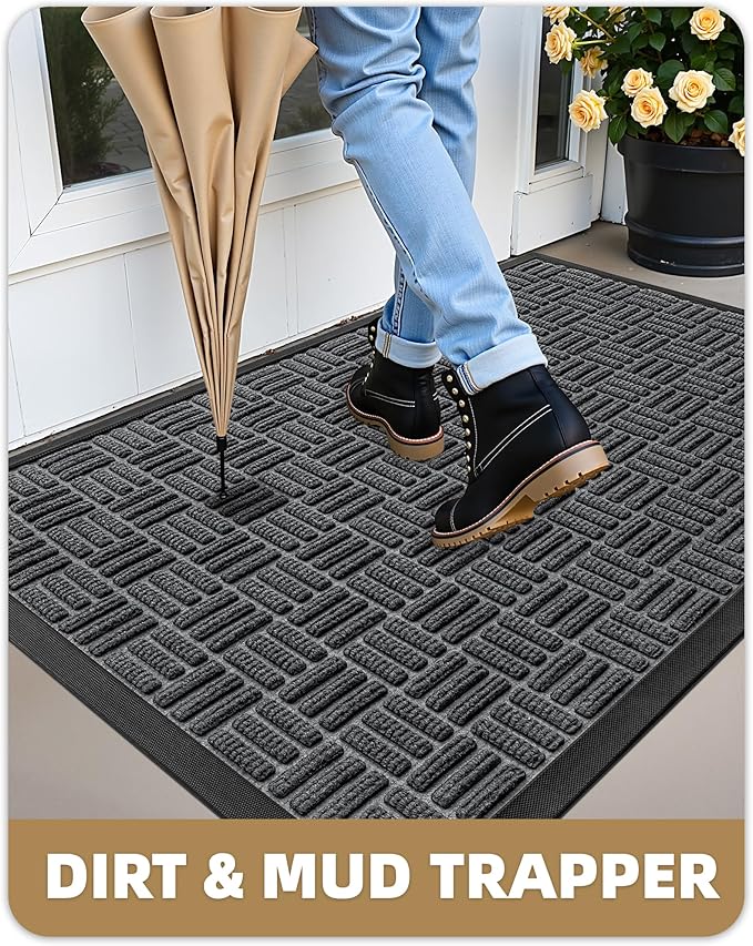 Color&Geometry Front Door Mat Outside Entrance, Heavy Duty Non Slip Low Profile Doormat for Entryway, Trap Dirt and Moisture Welcome Mats All-Weather, Easy Clean, Patio, Garage, 24"x48" Grey