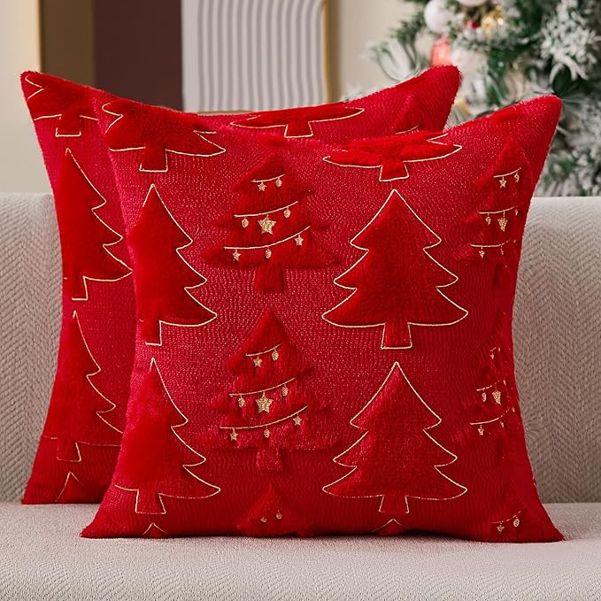 Christmas Pillow Covers 18x18 inch Set of 2 Soft Plush Faux Fur Christmas Decor Red Xmax Tree Yellow Colored Lights Decoration Throw Pillow Case for Winter Holiday Sofa Living Room PT013B18