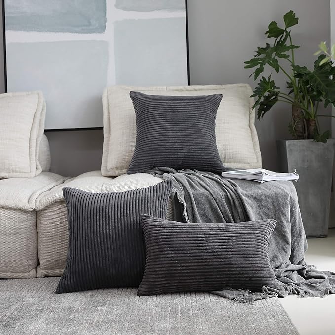 Home Brilliant Throw Pillow Covers 2 Packs Soft Cushion Covers Striped Velvet Throw Pillow Cases for Bed Living Room, 55x55 cm, 22 x 22 Inch, Dark Grey