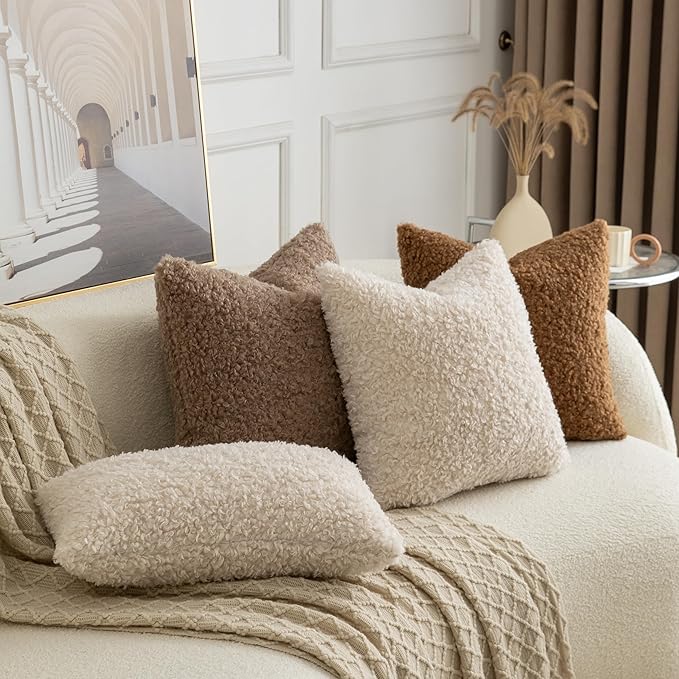 Pack of 2 Curly Teddy Wool Faux Fur Throw Pillow Covers Fuzzy Accent Soft Sherpa Pillowcases Sheepskin Fleece Decorative Cushion Case for Sofa Couch Living Room 18x18 Inch Neutral Light Beige