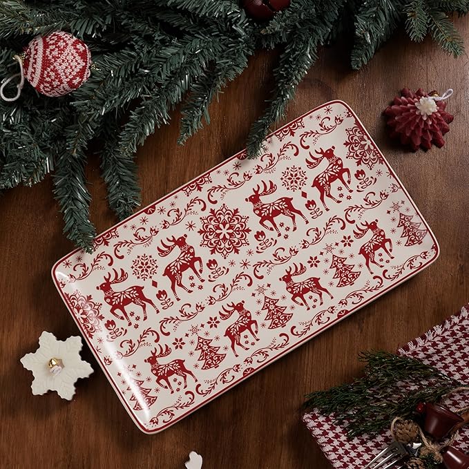 Bico Holly Jolly Ceramic 14 inch Rectangular Serving Platter, Set of 2, for Serving Salad, Pasta, Cheese, Ham, Appetizer, Microwave & Dishwasher Safe
