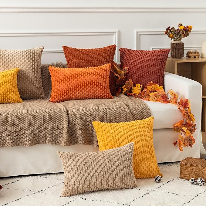 Kevin Textile 2 Packs Tan Decorative Throw Pillow Covers 22x22 Inch for Living Room Couch Bed Sofa Soft Striped Corduroy Square Cushion Case 55x55 cm Rustic Farmhouse Boho Home Decor