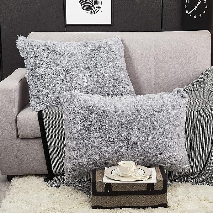 WERDIM Shaggy Faux Fur Pillowcases 2 Pack Button Closure Velvet Pillow Shams King Size (Light Grey, 20 X 36 Inches)