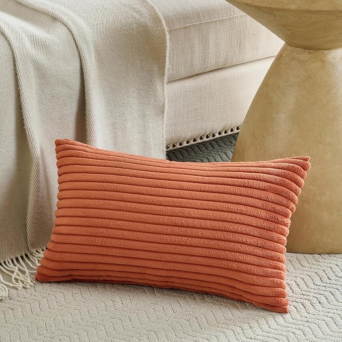 Fancy Homi Set of 2 Burnt Orange Fall Decorative Lumbar Rectangle Throw Pillow Covers 12x20 Inch for Couch Bed Chair, Autumn Halloween Thanksgiving Home Decor, Soft Plush Corduroy Cushion Case 30x50cm