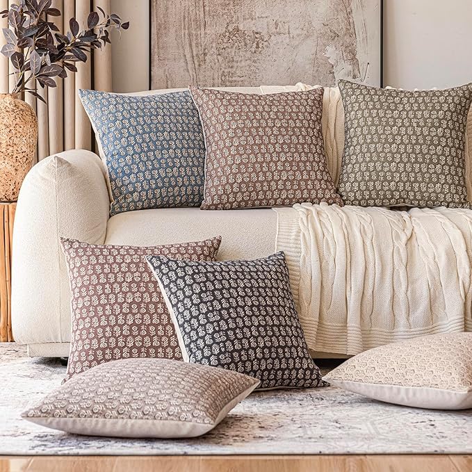 Foindtower Set of 2 Decorative Vintage Floral Print Throw Pillow Covers Neutral Modern Farmhouse Cushion Covers Boho Home Decor for Sofa Couch Chair Bedroom Living Room,22×22 Inch,Tan Taupe