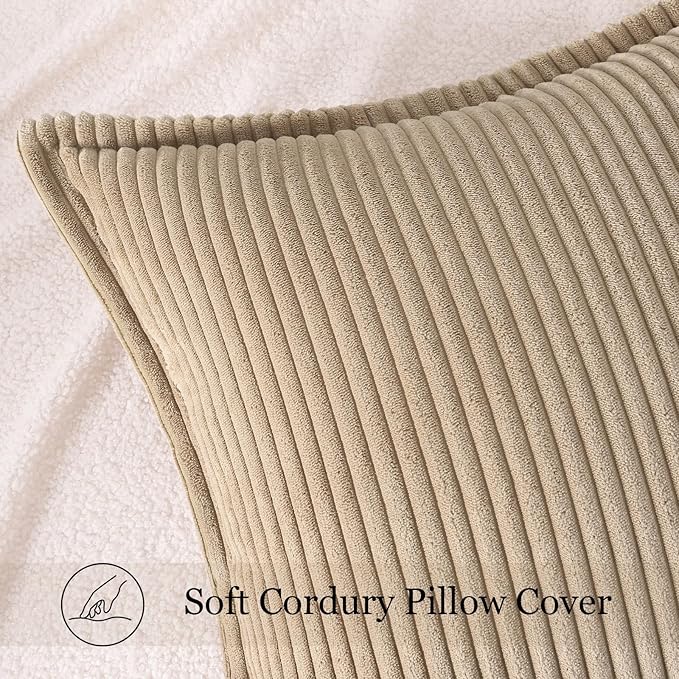 Mecatny Corduroy Throw Pillow Covers 22x22 Set of 2, Neutral Decorative Soft Boho Couch Pillow Covers with Broadside for Sofa Living Room, Khaki