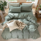 MooMee Bedding Duvet Cover Set 100% Washed Cotton Linen Like Textured Breathable Durable Soft Comfy (Heathered Green, Super King 108"x98")
