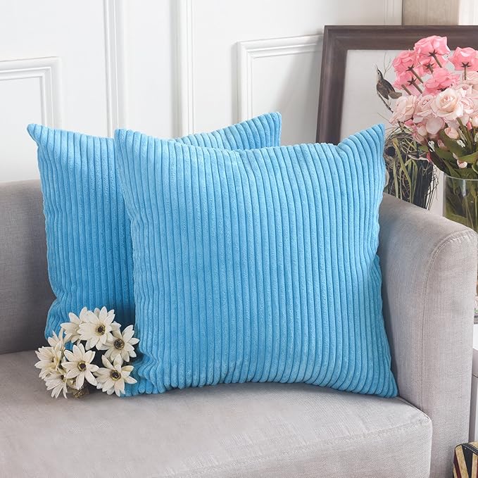 Home Brilliant Decorative Pillow Cover Light Blue Soft Velvet Corduroy Striped Set of 2 Square Throw Pillow Covers for Couch, 18 x 18 inch, Teal
