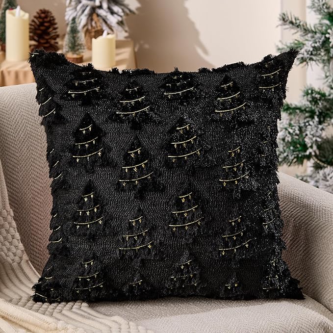Christmas Pillow Covers 18x18 inch Set of 2 Soft Plush Faux Fur Christmas Decor Black Xmax Tree Yellow Colored Lights Decoration Throw Pillow Case for Winter Holiday Sofa Living Room PT003J18