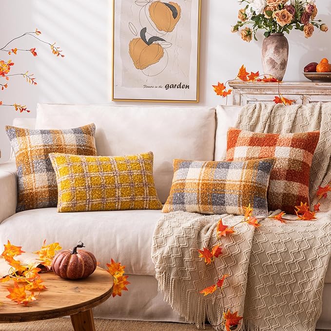Yellow Plaid Fall Throw Pillow Covers 20x20 Inch Set of 2, Boucle Decorative Pillow Covers,Cozy Fluffy Home Living Room Farmhouse Decor for Sofa Couch Bed
