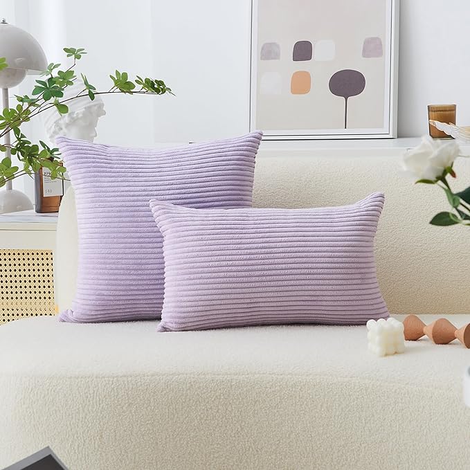 Home Brilliant Light Purple Pillow Covers 18x18 Set of 2 Striped Corduroy Throw Pillow Covers Cushion Covers for Office Couch Chair Bedroom, 18x18 Inch, Lavender