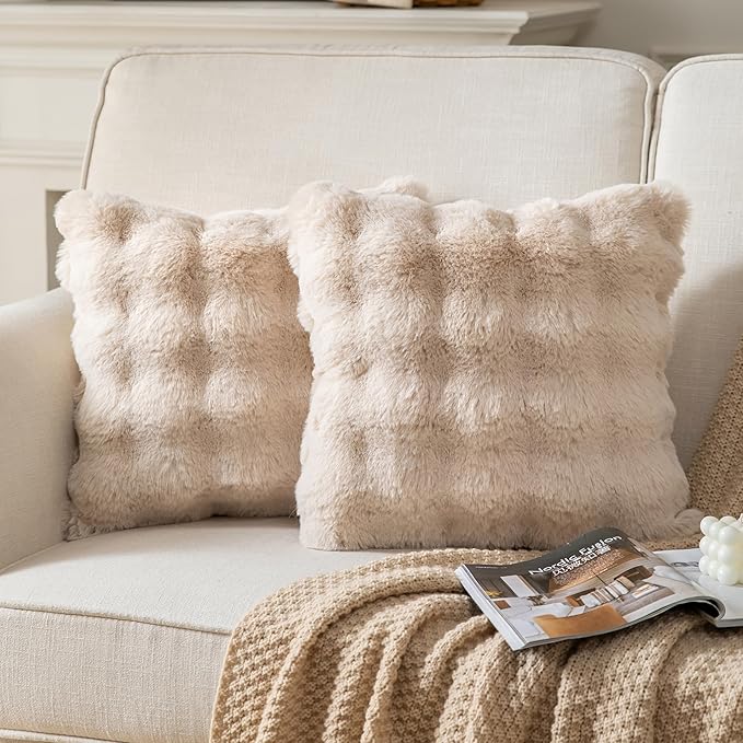 Pack of 2 Thick Plush Throw Pillow Covers Fluffy Wave Faux Fur Decorative Cushion Covers Soft Wool Pillowcase for Sofa Couch Livingroom 24x24 Inch Beige