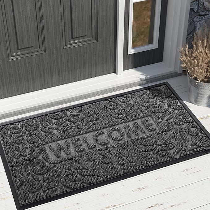 Yimobra Large Welcome Mat 47x24, Waterproof Non-Slip Outdoor Mats for Front Door Outside Entrance, Low-Profile Entryway Mat Indoor for Garage Patio, Grey